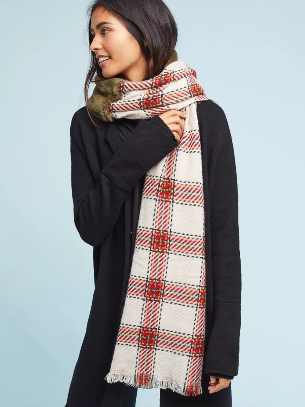 NWOT Anthropologie Northbound Olive Green Plaid Faux Fur Scarf, 78" x 16"